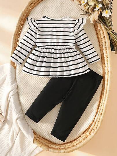 Ensemble 2 pièces pour nouveau-né printemps/automne, Top tricoté noir & blanc minimaliste à rayures avec nœud papillon orné, et pantalon long slim noir pur avec nœud papillon orné, pour sorties, décontracté, sports, fêtes