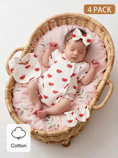 Ensemble cadeau pour bébé fille nouveau-né, nouveau romper blanc à imprimé pastèque d'été, manches bouffantes avec poignets élastiques, design de boutons asymétriques à l'avant pour un habillage facile, design de poignets de jambe élastiques, ensemble de
