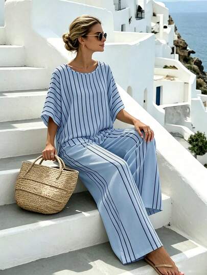 Holidaya Ensemble deux pièces style décontracté français à rayures avec manches cloche - Top ample transparent amincissant & Pantalon large pour vacances d'été