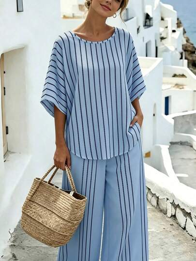 Holidaya Ensemble deux pièces style décontracté français à rayures avec manches cloche - Top ample transparent amincissant & Pantalon large pour vacances d'été