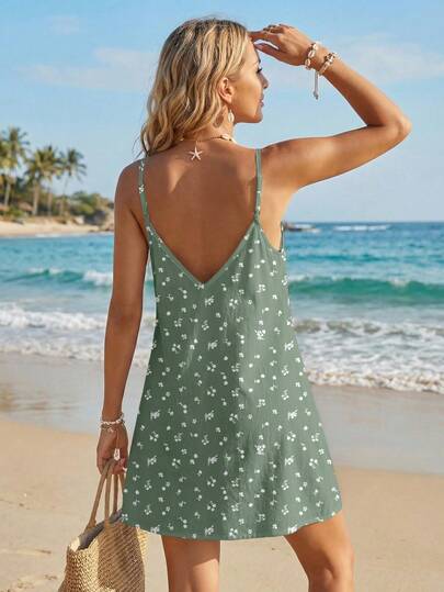 LUNE Robe mini décontractée de vacances pour femmes à fines bretelles et imprimé floral discret