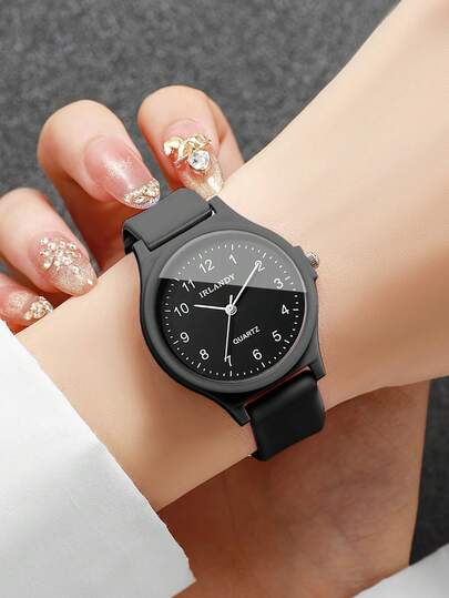 Montre-bracelet pour femme en silicone, style minimaliste, cadran numérique, classique et élégante, à quartz (1 pièce/set), boîte de montre non incluse