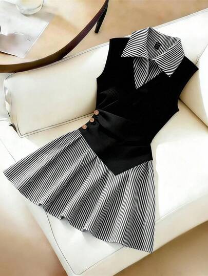 Franclia Robe trapèze froncée à rayures patchwork noires pour femme, coupe ample et décontractée