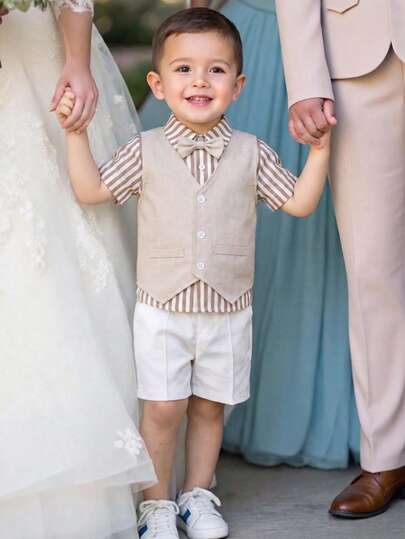 Ensemble de gentleman pour jeunes garçons 3 pièces, chemise blanche à manches courtes, t-shirt, gilet et short pantalon, confortable, pour anniversaire, fête et mariage