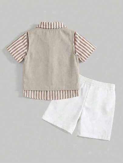 Ensemble de gentleman pour jeunes garçons 3 pièces, chemise blanche à manches courtes, t-shirt, gilet et short pantalon, confortable, pour anniversaire, fête et mariage