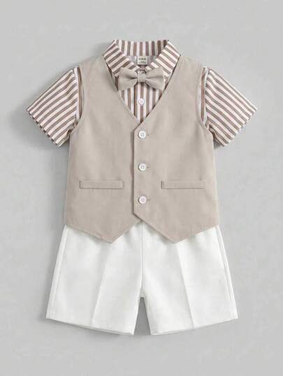 Ensemble de gentleman pour jeunes garçons 3 pièces, chemise blanche à manches courtes, t-shirt, gilet et short pantalon, confortable, pour anniversaire, fête et mariage