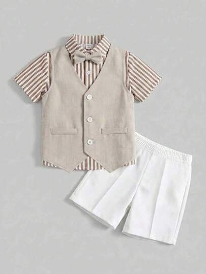 Ensemble de gentleman pour jeunes garçons 3 pièces, chemise blanche à manches courtes, t-shirt, gilet et short pantalon, confortable, pour anniversaire, fête et mariage