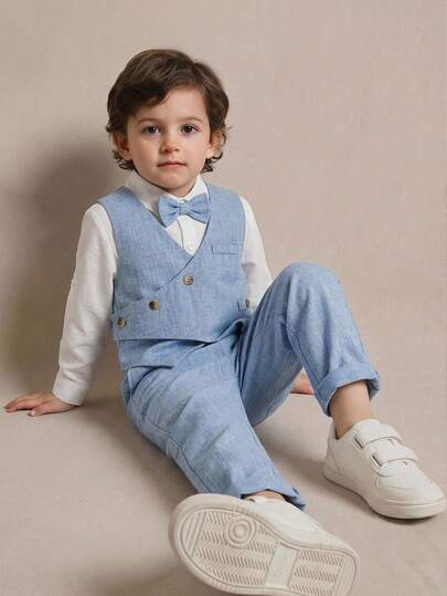 3pcs/Set Ensemble de gilet bleu et pantalon long mode printemps/été pour jeunes garçons, costume formel élégant de gentleman, convient pour les vacances, les mariages, la fête de la pleine lune, le baptême, la célébration du 1er anniversaire, la baby show