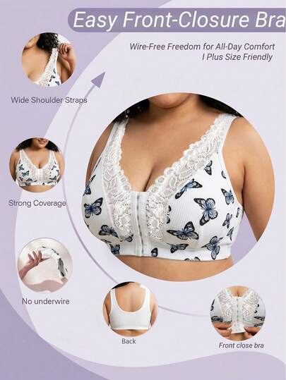 1 pièce Soutien-gorge grande taille à fermeture frontale en dentelle et patchwork, imprimé papillon, soutien-gorge sans couture et sans fil, convient pour un port quotidien
