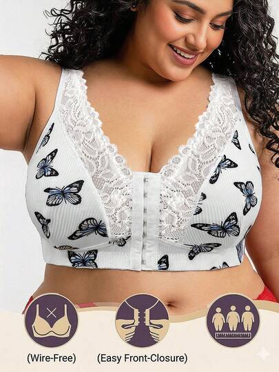1 pièce Soutien-gorge grande taille à fermeture frontale en dentelle et patchwork, imprimé papillon, soutien-gorge sans couture et sans fil, convient pour un port quotidien
