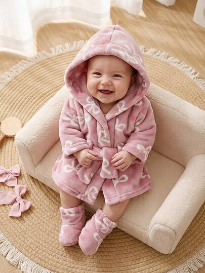 Ensemble 2 pièces pour nouveau-né, robe à capuche en flanelle double face rose et blanche avec nœud et cœur, et chaussettes, polaire chaude et confortable pour la maison