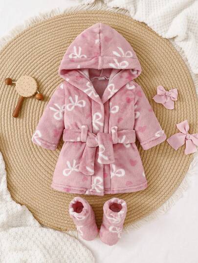 Ensemble 2 pièces pour nouveau-né, robe à capuche en flanelle double face rose et blanche avec nœud et cœur, et chaussettes, polaire chaude et confortable pour la maison
