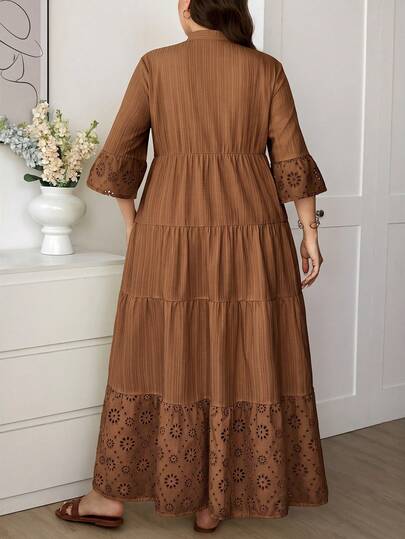 LUNE Robe maxi décontractée de vacances grande taille avec broderie ajourée et patchwork