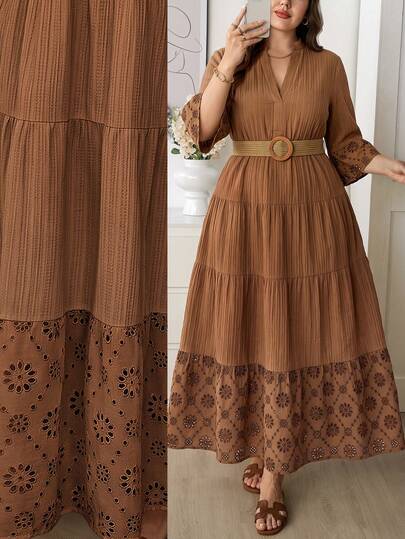 LUNE Robe maxi décontractée de vacances grande taille avec broderie ajourée et patchwork