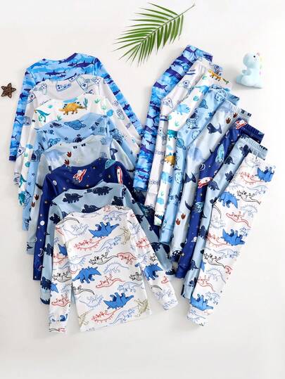 [8 ensembles envoyés aléatoirement 2 et vêtements de maison pour jeune garçon, pyjama ensemble de détente pour tout-petits avec imprimé dessin animé mignon, manches longues, pantalon, tricot ajusté, doux et confortable pour l'automne]