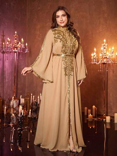 UNITHORSE Robe de Matin Grande Taille pour Femmes, Col Droit, Manches Fluides, Satin, Fente Haute, Automne
