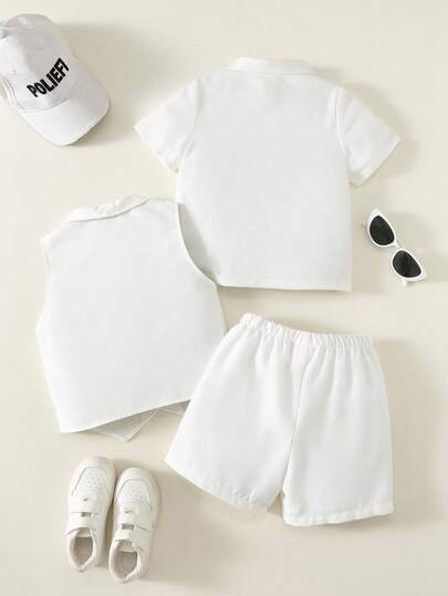 Enfants Jeune Garçon, Jeune Garçon Ensemble de 3 pièces de costume de gentleman blanc mode printemps/été, tenue formelle, retour à l'école, élégant, invité de mariage, porteur d'alliances