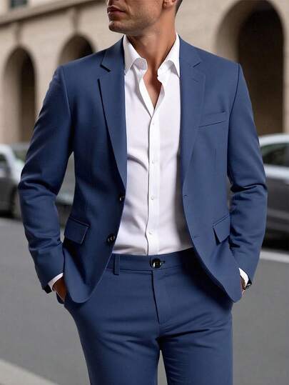 Manfinity Mode Ensemble de costume décontracté pour hommes avec blazer à col revers, manches longues, simple boutonnage et pantalon, couleur unie