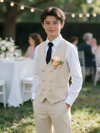 2 pièces/Set Tenue de gentleman pour adolescent, Gilet slim ajusté col V abricot + Pantalon texturé abricot, Costume formel élégant pour anniversaire, mariage, invité de mariage, page, garçon d'honneur