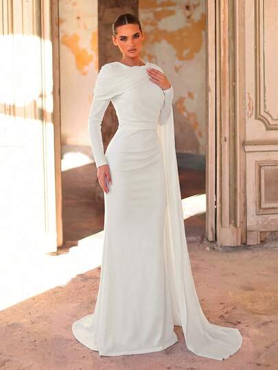 Aureia Robe de demoiselle d'honneur élégante, romantique et à la mode en tissu élastique avec châle drapé, décoration plissée, ourlet de jupe sirène et petite traîne, pour invitée de mariage, vacances, anniversaire, fête et événement de mariage