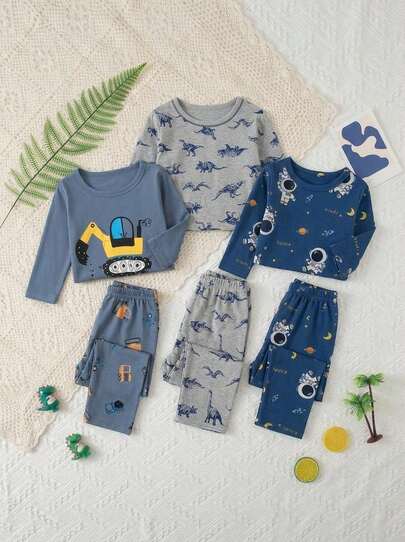 3 ensembles de pyjama pour bébé garçon à manches longues et pantalon long, motif de dessin animé, tenue d'intérieur