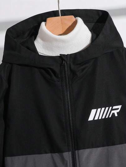Ensemble 2 pièces pour garçon préadolescent, veste à capuche décontractée à motif sport blocs de couleurs et pantalon noir, convient pour l'automne/l'hiver, les réunions de famille, la rentrée scolaire, les sports, les jeux, les fêtes d'anniversaire, les
