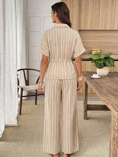 Omancia Ensemble de chemise taille standard pour femmes été/automne, taille cintrée avec cordon de serrage, manches connectées, tissu rayé effet coton, tenue décontractée pour les trajets