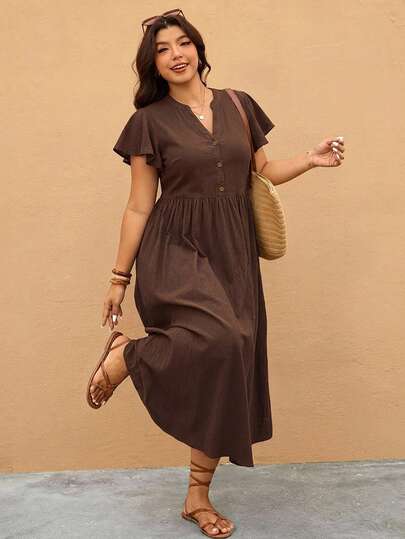 Melodosi Robe décontractée grande taille de couleur unie avec manches à volants, robe de vacances, robe décontractée pour femmes, robe de rentrée scolaire