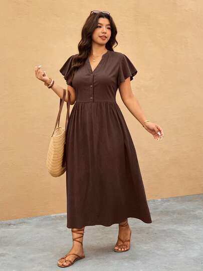 Melodosi Robe décontractée grande taille de couleur unie avec manches à volants, robe de vacances, robe décontractée pour femmes, robe de rentrée scolaire