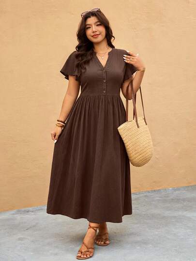 Melodosi Robe décontractée grande taille de couleur unie avec manches à volants, robe de vacances, robe décontractée pour femmes, robe de rentrée scolaire