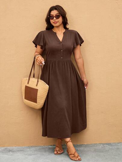 Melodosi Robe décontractée grande taille de couleur unie avec manches à volants, robe de vacances, robe décontractée pour femmes, robe de rentrée scolaire