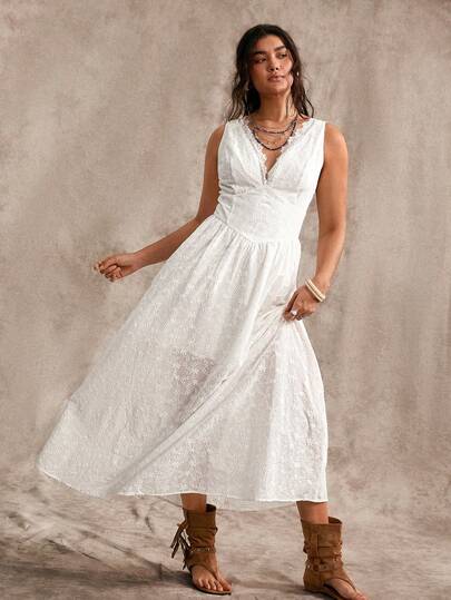 Nubod Robe de mariée d'été pour femmes, col V profond en dentelle, taille cintrée, brodée, ajourée, minimaliste, romantique à la française, élégante, grande taille, motif floral blanc