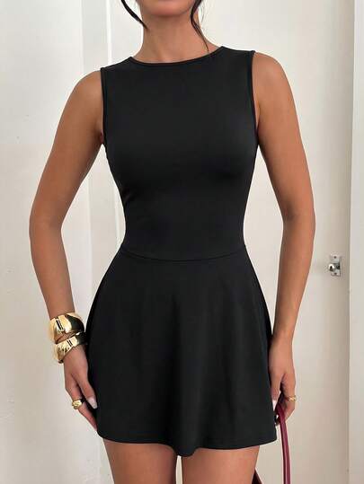 Aloruh Robe mini noire unie pour femme, début d'automne, robe et élégante, dos nu, col bénitier, coupe trapèze, petite robe noire, robe d'invitée de mariage