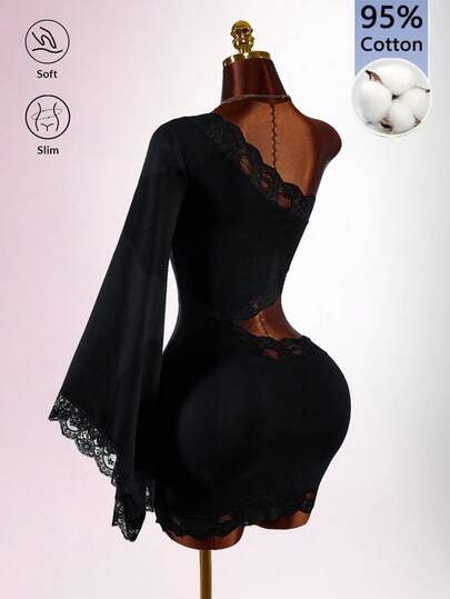 Amplova Robe mini ajustée pour femme en pur coton avec dentelle contrastante, épaule asymétrique et découpe à la taille