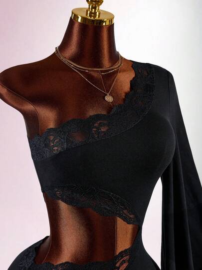 Amplova Robe mini ajustée pour femme en pur coton avec dentelle contrastante, épaule asymétrique et découpe à la taille