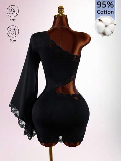 Amplova Robe mini ajustée pour femme en pur coton avec dentelle contrastante, épaule asymétrique et découpe à la taille