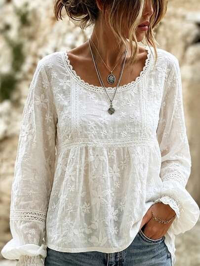 Holidaya Blouse transparente française à manches évasées brodées pour femmes