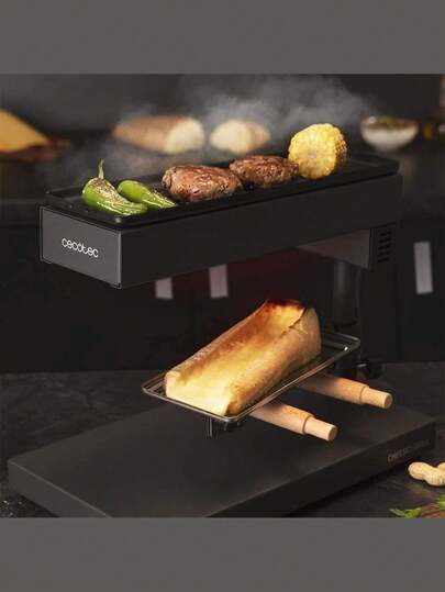 Cecotec Raclette Cheese&Grill 6000 Black - Puissance 600W, Fonction Gril, Acier Inox, Thermostat Réglable, 2 Spatules en Bois, Nettoyage Facile, Design Compact et Léger