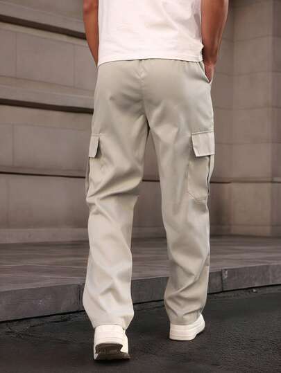Manfinity Homme Pantalon cargo pour hommes à taille élastique et poches, couleur unie, automne