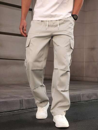 Manfinity Homme Pantalon cargo pour hommes à taille élastique et poches, couleur unie, automne