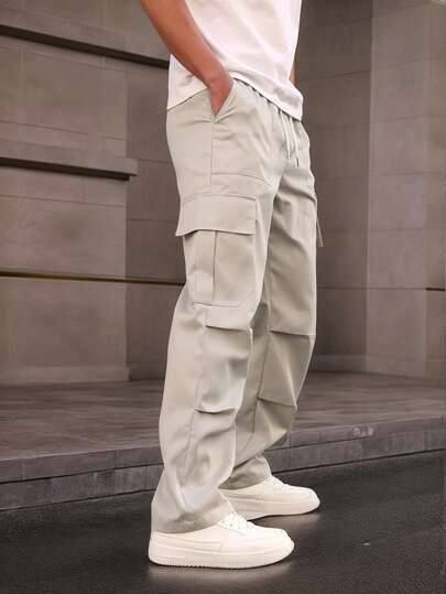 Manfinity Homme Pantalon cargo pour hommes à taille élastique et poches, couleur unie, automne