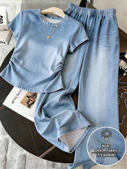 Resyla Ensemble T-shirt & Pantalon Cintré pour Femmes, Tenue de Sortie d'Été, Ensemble Bleu Vintage à Manches Courtes, Port Confortable, Style Élégant, Saison de la Rentrée Scolaire, Tenue Décontractée Quotidienne, Voyage de Vacances, Shopping & Activités