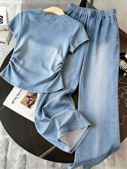 Resyla Ensemble T-shirt & Pantalon Cintré pour Femmes, Tenue de Sortie d'Été, Ensemble Bleu Vintage à Manches Courtes, Port Confortable, Style Élégant, Saison de la Rentrée Scolaire, Tenue Décontractée Quotidienne, Voyage de Vacances, Shopping & Activités