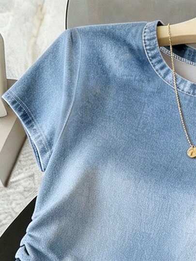 Resyla Ensemble T-shirt & Pantalon Cintré pour Femmes, Tenue de Sortie d'Été, Ensemble Bleu Vintage à Manches Courtes, Port Confortable, Style Élégant, Saison de la Rentrée Scolaire, Tenue Décontractée Quotidienne, Voyage de Vacances, Shopping & Activités