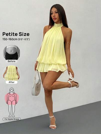 Vivamere Robe mini élégante jaune pâle à col licou pour femmes, robe babydoll courte fluide tropicale d'été, convient pour les fêtes, les rendez-vous, les cocktails, la Saint-Valentin, élégante, pour femmes de petite taille