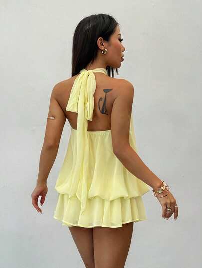 Vivamere Robe mini élégante jaune pâle à col licou pour femmes, robe babydoll courte fluide tropicale d'été, convient pour les fêtes, les rendez-vous, les cocktails, la Saint-Valentin, élégante, pour femmes de petite taille