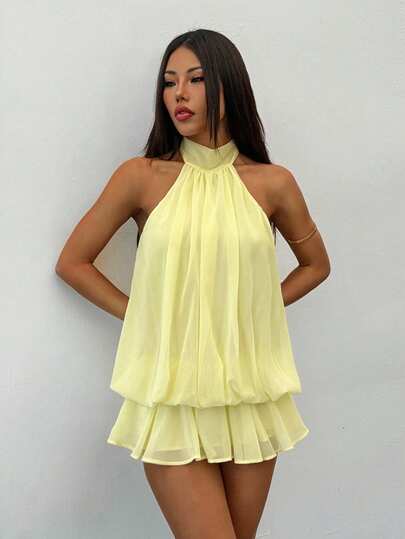 Vivamere Robe mini élégante jaune pâle à col licou pour femmes, robe babydoll courte fluide tropicale d'été, convient pour les fêtes, les rendez-vous, les cocktails, la Saint-Valentin, élégante, pour femmes de petite taille