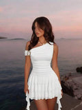 Skyraze Robe mini femme à col asymétrique froncé sans manches de couleur unie