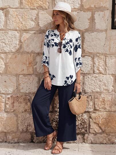 EMERY ROSE Ensemble deux pièces élégant de style navette avec chemise longue et pantalon pour femmes