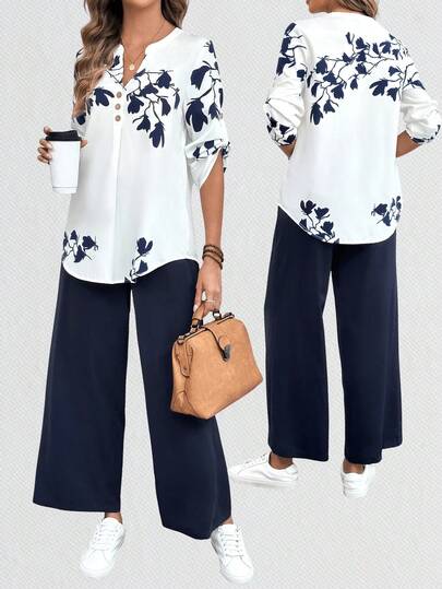 EMERY ROSE Ensemble deux pièces élégant de style navette avec chemise longue et pantalon pour femmes